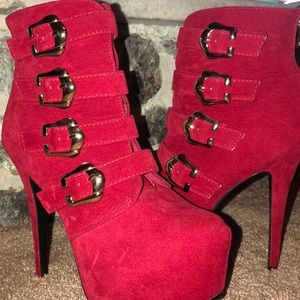 Red multi buckle bootie